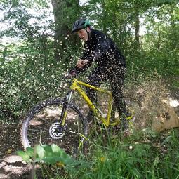Mountainbiker rijdt over bospaadje met obstakels